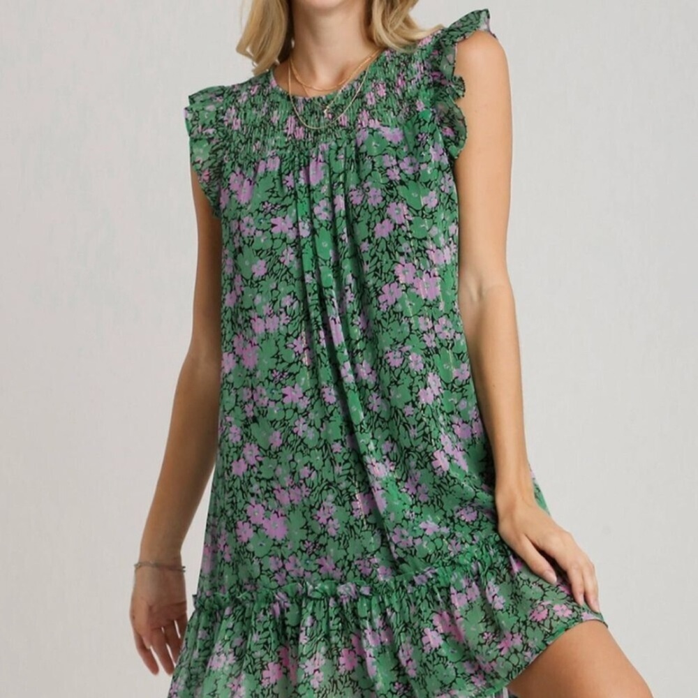 Umgee NEW Floral Green and Purple Ruffle Dress L